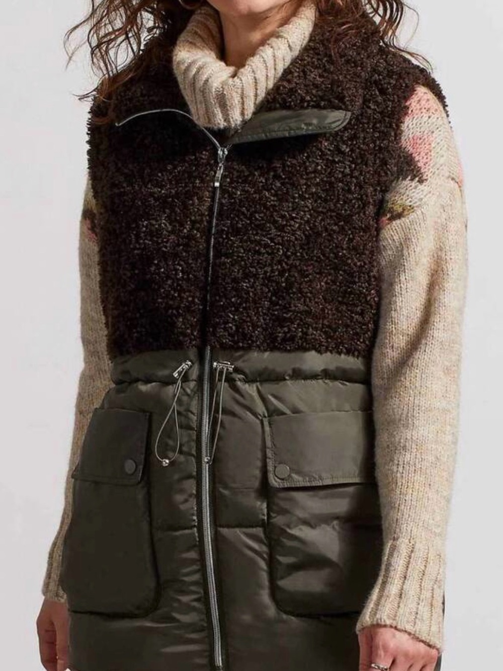 Tribal Sherpa Combo Long Puffer Vest in Cedar Dark